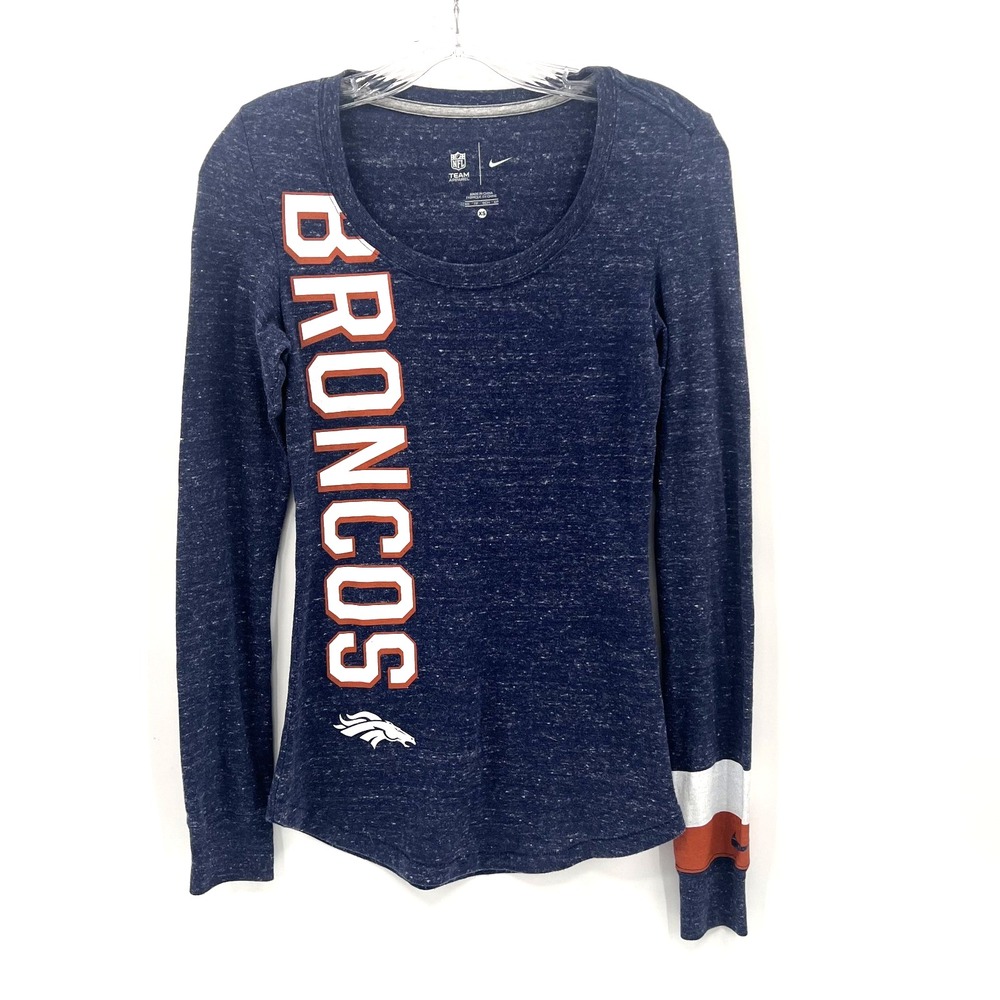 NIKE Women's Sz XS Dark Heather Blue Long-Sleeve Fitted DENVER BRONCOS Top Shirt